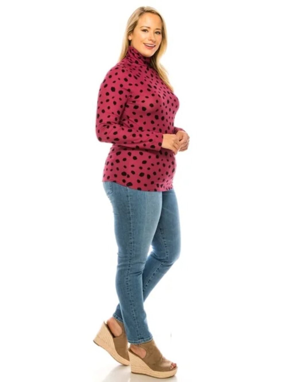 Lane Bryant Berry and Black Polka Dot Mock Neck Top